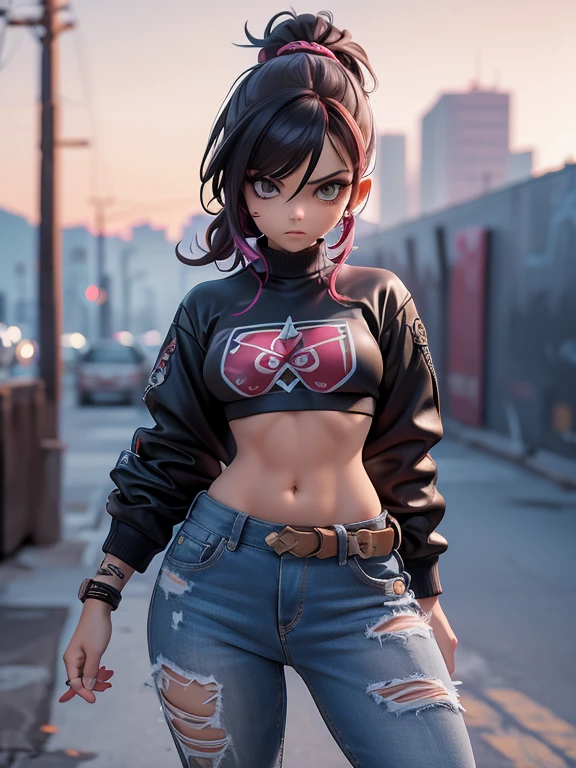 heroína urbana, BADGIRL (Durão) cabelos longos e rebeldes, piercing nas orelhas, olhar raivoso, corpo atlético, primeiro o rei (com cicatrizes) tatuagens (Estilo Yakuza) blusa top (tomara que caia) jeans estilizados (justa) fivela grande (estilo cowboy) botas de cano alto (estilo militar) pose sensual, armada com um , faca tipo Bowie e pistola em coldre (preso na cintura) (Cena cinematográfica) (caos urbano) (animes de ação) (obra-prima) Vista frontal dinâmica, qualidade ultra-HD
