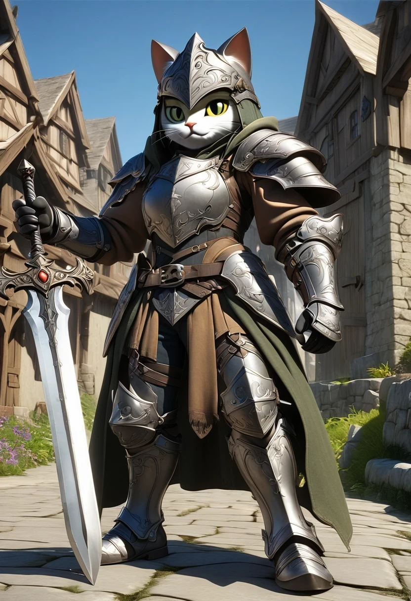 (Extremely detailed and realistic CG, masterpiece, best quality, Super detailed),(Anthropomorphic Cat:1.5)，A cat knight in armor，Holding the holy sword，wearing a helmet，slim，holy sword，middle Ages，Creative character design, Whimsical cartoon style, 32k Ultra HD，steampunk, St. Paul's Metropolitan Cathedral, (best lighting, best shadow, extremely delicate and beautiful), Dynamic angle, movie atmosphere, Gorgeous metal holy sword,smokes, steam, period clothing, bright colors.