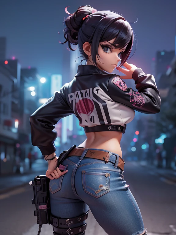 heroína urbana, BADGIRL (Durão) cabelos longos e rebeldes, piercing nas orelhas, olhar raivoso, corpo atlético, primeiro o rei (com cicatrizes) tatuagens (Estilo Yakuza) blusa top (tomara que caia) jeans estilizados (justa) fivela grande (estilo cowboy) botas de cano alto (estilo militar) pose sensual, armada com um , faca tipo Bowie e pistola em coldre (preso na cintura) (Cena cinematográfica) (caos urbano) (animes de ação) (obra-prima) Vista traseira dinâmica, qualidade ultra-HD