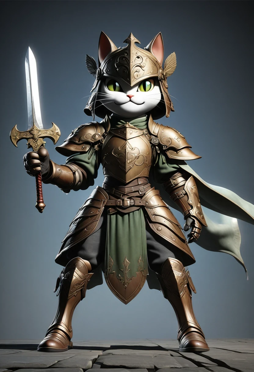 (Extremely detailed and realistic CG, masterpiece, best quality, Super detailed),(Anthropomorphic Cat:1.5)，A cat knight in armor，Holding the holy sword，wearing a helmet，slim，holy sword，middle Ages，Creative character design, Whimsical cartoon style, 32k Ultra HD，steampunk, St. Paul's Metropolitan Cathedral, (best lighting, best shadow, extremely delicate and beautiful), Dynamic angle, movie atmosphere, Gorgeous metal holy sword,smokes, steam, period clothing, bright colors.