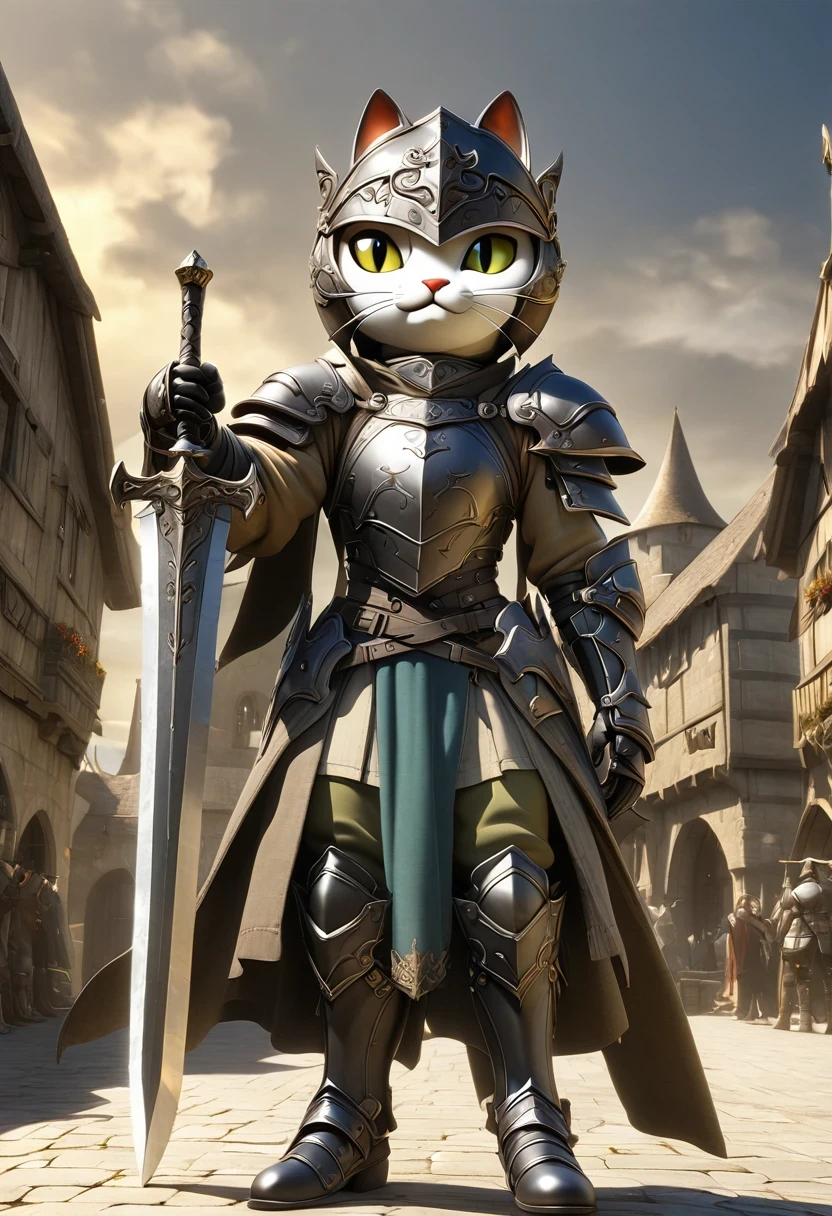 (Extremely detailed and realistic CG, masterpiece, best quality, Super detailed),(Anthropomorphic Cat:1.5)，A cat knight in armor，Holding the holy sword，wearing a helmet，slim，holy sword，middle Ages，Creative character design, Whimsical cartoon style, 32k Ultra HD，steampunk, St. Paul's Metropolitan Cathedral, (best lighting, best shadow, extremely delicate and beautiful), Dynamic angle, movie atmosphere, Gorgeous metal holy sword,smokes, steam, period clothing, bright colors.