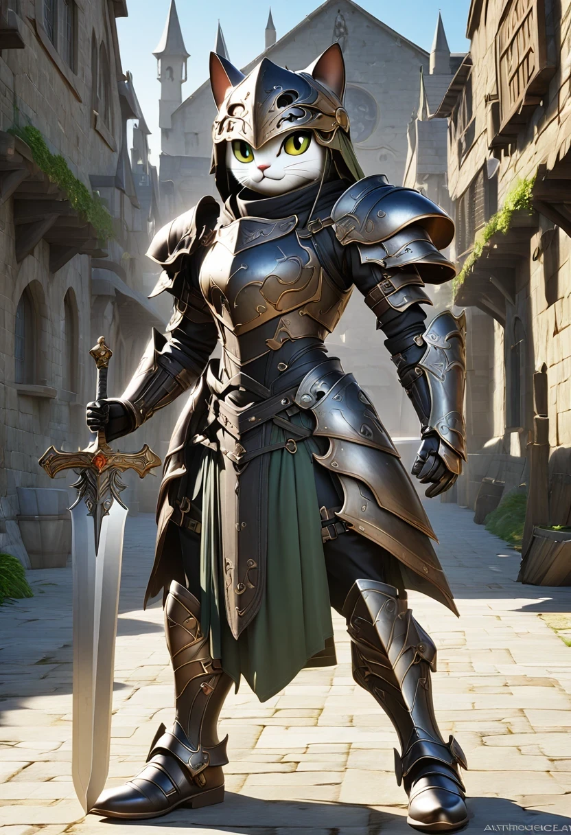 (Extremely detailed and realistic CG, masterpiece, best quality, Super detailed),(Anthropomorphic Cat:1.5)，A cat knight in armor，Holding the holy sword，wearing a helmet，slim，holy sword，middle Ages，Creative character design, Whimsical cartoon style, 32k Ultra HD，steampunk, St. Paul's Metropolitan Cathedral, (best lighting, best shadow, extremely delicate and beautiful), Dynamic angle, movie atmosphere, Gorgeous metal holy sword,smokes, steam, period clothing, bright colors.