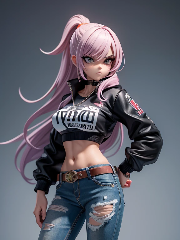 heroina urbana, badgirl (badass) cabelos longos e rebeldes, piercing nas orelhas, olhar raivoso, athletic body, pele morena (com cicatrizes) tatuagens (estilo yakuza) jaqueta jeans V (mangas rasgadas) sobre blusa top (tomara que caia) stylized jeans (justa) fivela grande (estilo cowboy) botas de cano alto (estilo militar) pose sensual, armada com um AK-47, faca tipo Bowie e pistola em coldre (attached to the waist) (cinematic scene) (caos urbano) (action anime) (obra-prima) Dynamic front view, qualidade ultra-HD,
