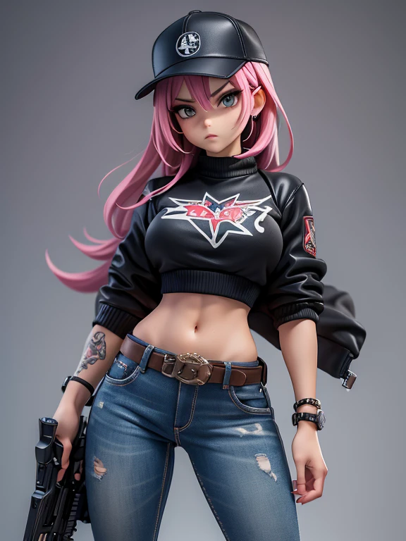 heroina urbana, badgirl (badass) cabelos longos e rebeldes, piercing nas orelhas, olhar raivoso, athletic body, pele morena (com cicatrizes) tatuagens (estilo yakuza) jaqueta jeans V (mangas rasgadas) sobre blusa top (tomara que caia) stylized jeans (justa) fivela grande (estilo cowboy) botas de cano alto (estilo militar) pose sensual, armada com um AK-47, faca tipo Bowie e pistola em coldre (attached to the waist) (cinematic scene) (caos urbano) (action anime) (obra-prima) Dynamic front view, qualidade ultra-HD,
