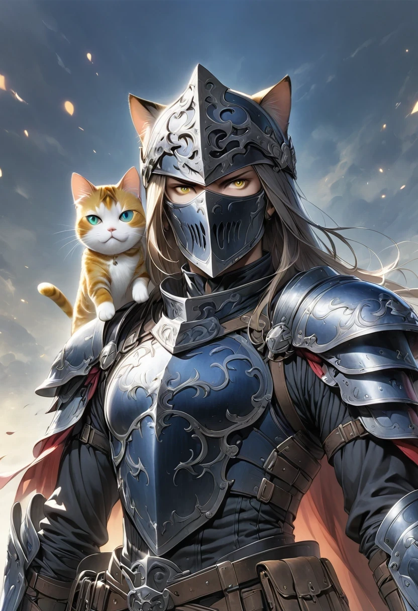 (Extremely detailed and realistic CG, masterpiece, best quality, Super detailed),(Anthropomorphic Cat:1.5)，A cat knight in armor，Holding the holy sword，wearing a helmet，slim，holy sword，middle Ages，Creative character design, Whimsical cartoon style, 32k Ultra HD，steampunk, St. Paul's Metropolitan Cathedral, (best lighting, best shadow, extremely delicate and beautiful), Dynamic angle, movie atmosphere, Gorgeous metal holy sword,smokes, steam, period clothing, bright colors.