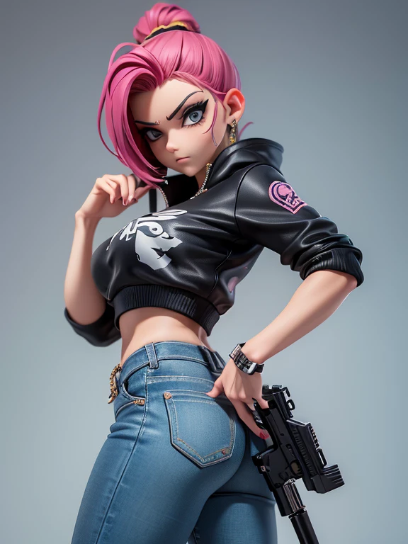 heroina urbana, badgirl (badass) cabelos longos e rebeldes, piercing nas orelhas, olhar raivoso, athletic body, pele morena (com cicatrizes) tatuagens (estilo yakuza) jaqueta jeans V (mangas rasgadas) sobre blusa top (tomara que caia) stylized jeans (justa) fivela grande (estilo cowboy) botas de cano alto (estilo militar) pose sensual, armada com um AK-47, faca tipo Bowie e pistola em coldre (attached to the waist) (cinematic scene) (caos urbano) (action anime) (obra-prima) Dynamic front view, qualidade ultra-HD,
