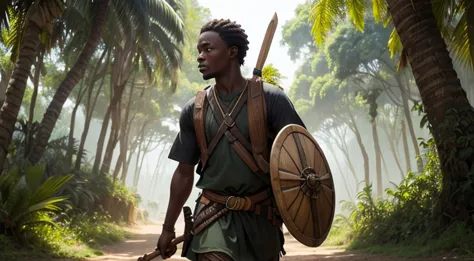 Tribo de africanos andando na mata, homem cor de pele preto,africanos, roupas antigas, na mata, de noite, ancient wooden spears ...