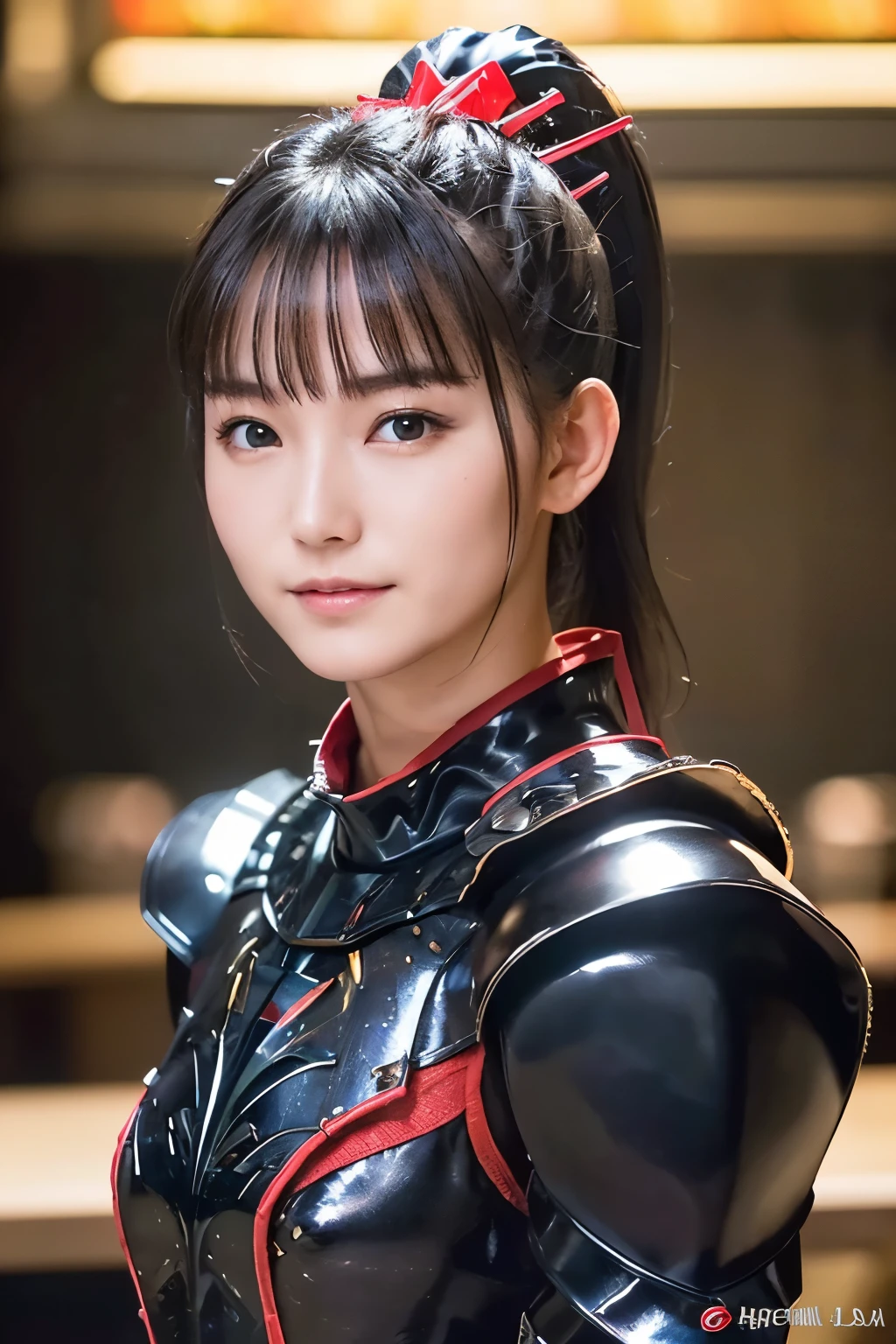 (highest quality:1.2),masterpiece,Ultra-high precision photos,(perfect beautiful face 1.2),(perfect and beautiful posture:1.2),((female warrior:1.2),ponytail, bangs, clear eyes,(Beautiful black armor, One point in red)), fantasy world, At the town bar,smile,