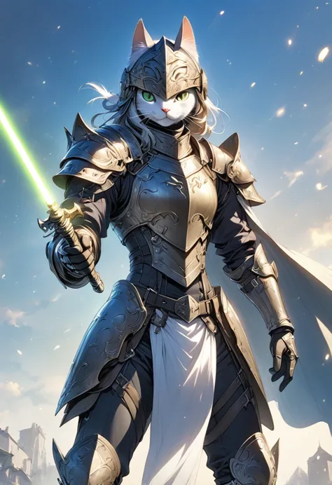 (anthropomorphic cat:1.5)，a cat knight in armor，holding a weapon，wearing a helmet，slim，lightsaber，middle ages