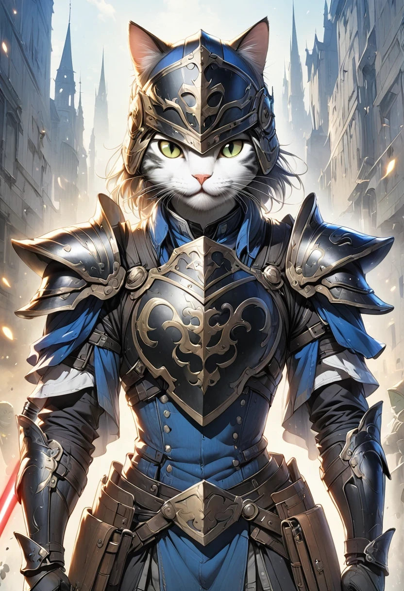 (Anthropomorphic Cat:1.5)，A cat knight in armor，holding a weapon，wearing a helmet，slim，lightsaber，middle Ages
