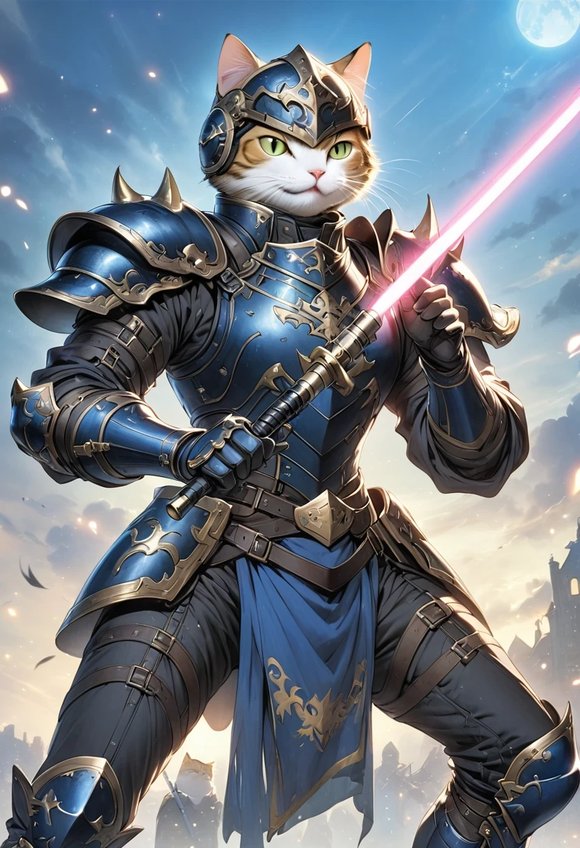 (Anthropomorphic Cat:1.5)，A cat knight in armor，holding a weapon，wearing a helmet，slim，lightsaber，middle Ages
