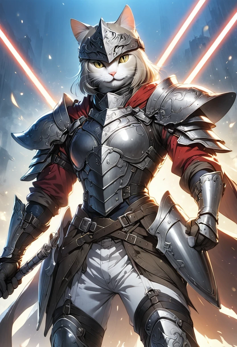 (Anthropomorphic Cat:1.5)，A cat knight in armor，holding a weapon，wearing a helmet，slim，lightsaber，middle Ages
