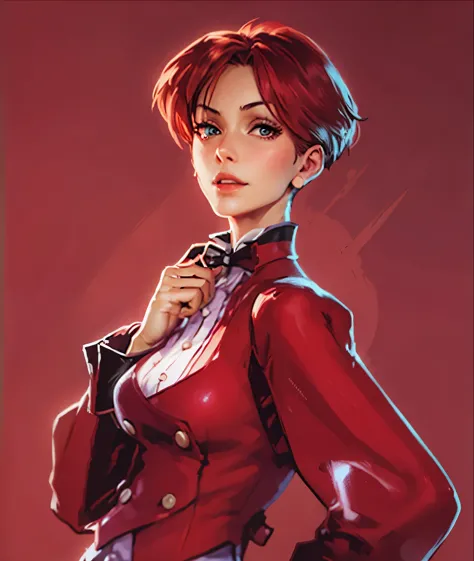 a close up of a person in a red outfit with a microphone, faye valentine, maya fey from ace attorney, phoenix wright, jjba, snk,...