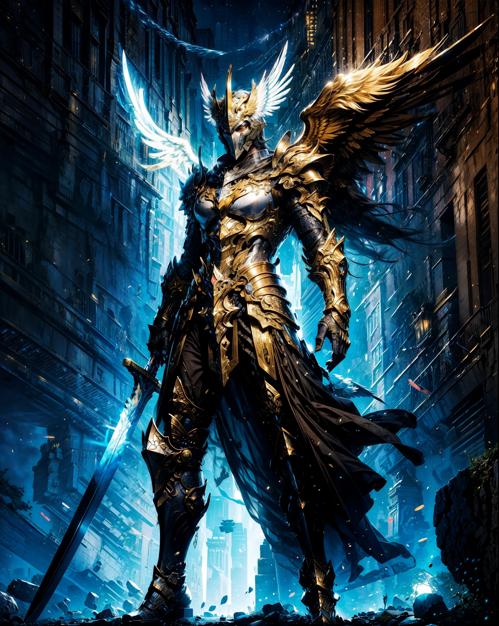 (best quality,ultra-detailed),celestial angel of battle, flying, 4 large wings, golden and white colors,divine armor,elaborate and detailed filigree metal design, large divine sword in hand, sacred aura,imposing presence,full body shot, fitness body, epic battle-ready stance,stunning background of a majestic castle in sky,large sword in hand,exquisite craftsmanship and attention to detail,vivid colors to emphasize the regal nature of the knight,strong and confident expression,flawless lighting to highlight every intricate detail,perfectly balanced composition reminiscent of classical art,commanding and awe-inspiring.