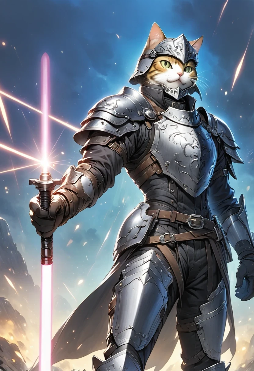 (Anthropomorphic Cat:1.5)，A cat knight in armor，holding a weapon，wearing a helmet，slim，lightsaber，middle Ages
