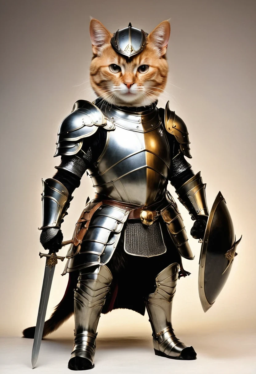 (Anthropomorphic Cat:1.5)，A cat knight in armor，holding a weapon，wearing a helmet，slim，lightsaber，middle Ages
