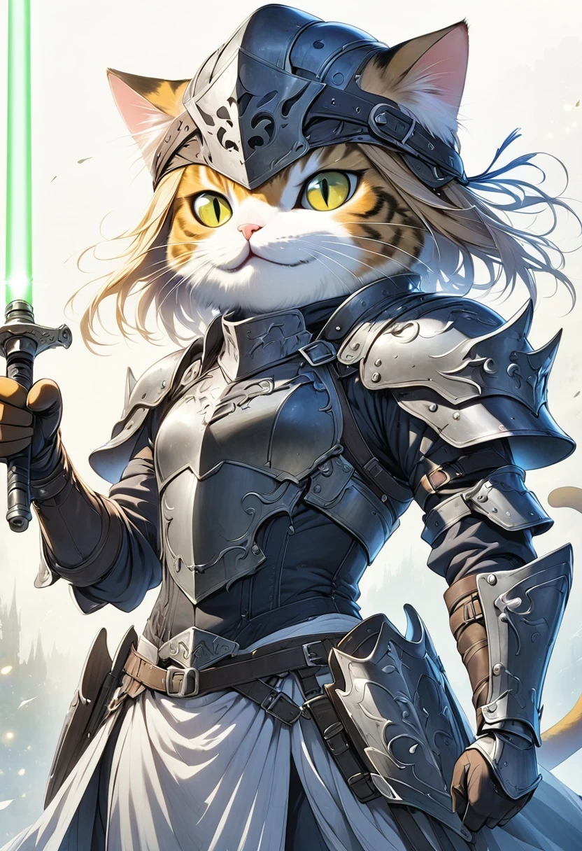 (Anthropomorphic Cat:1.5)，A cat knight in armor，holding a weapon，wearing a helmet，slim，lightsaber，middle Ages
