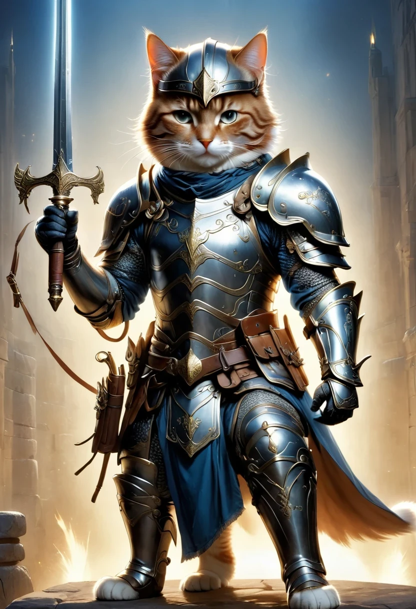 (Anthropomorphic Cat:1.5)，A cat knight in armor，holding a weapon，wearing a helmet，slim，lightsaber，middle Ages
