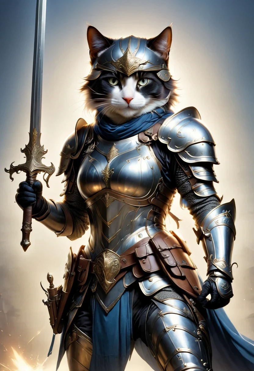 (Anthropomorphic Cat:1.5)，A cat knight in armor，holding a weapon，wearing a helmet，slim，lightsaber，middle Ages
