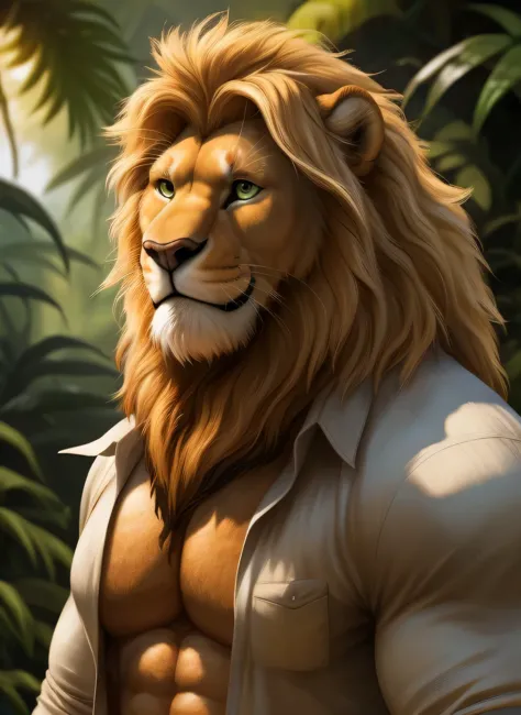 Lion, male, long blond mane, brown beard all over the jaw, muscular body, large pectorals, biceps, green eyes, adventurer, tight...