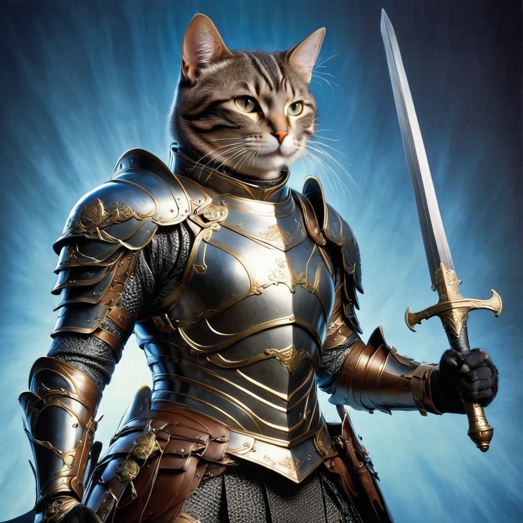 (Anthropomorphic Cat:1.5)，A cat knight in armor，holding a weapon，wearing a helmet，slim，lightsaber，middle Ages
