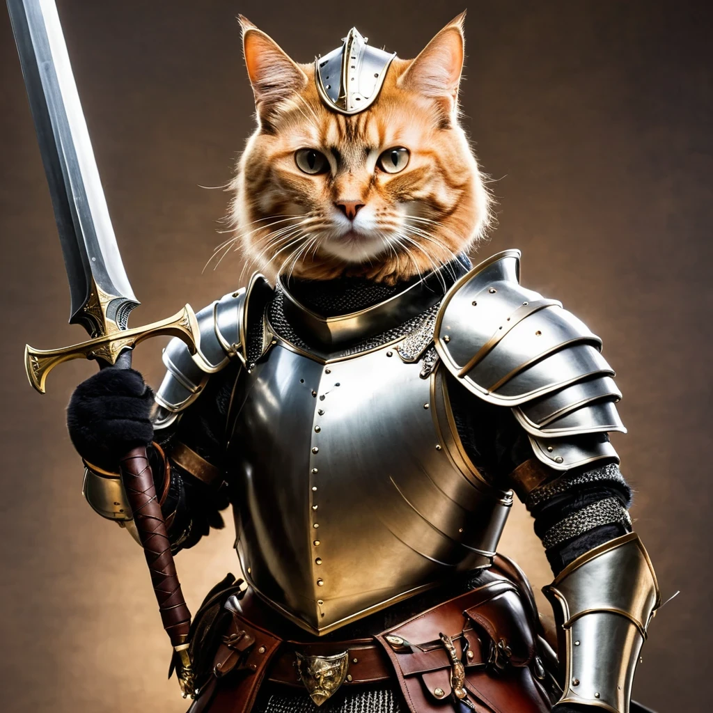 (Anthropomorphic Cat:1.5)，A cat knight in armor，holding a weapon，wearing a helmet，slim，lightsaber，middle Ages
