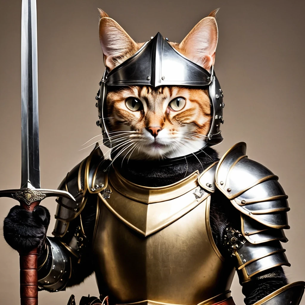 (Anthropomorphic Cat:1.5)，A cat knight in armor，holding a weapon，wearing a helmet，slim，lightsaber，middle Ages
