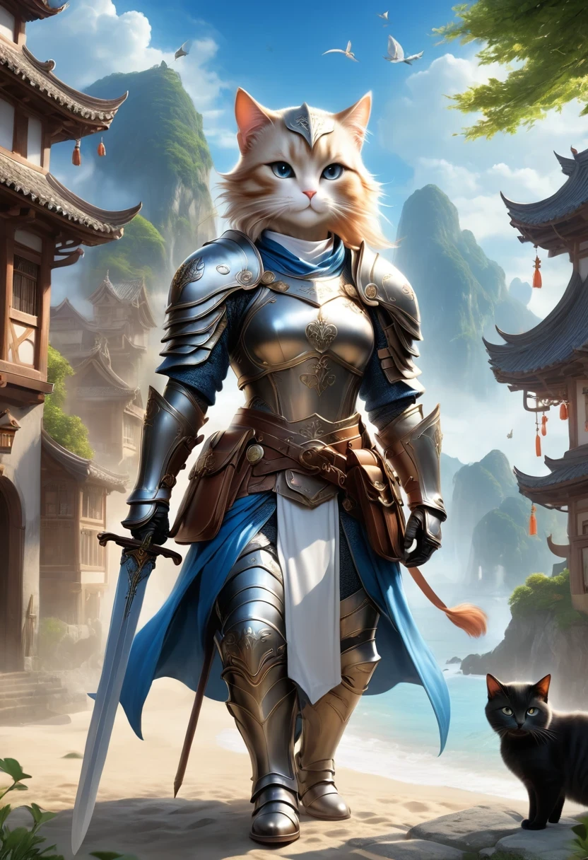 (Anthropomorphic Cat:1.5)，A cat knight in armor，holding a weapon，wearing a helmet，slim，lightsaber，middle Ages
