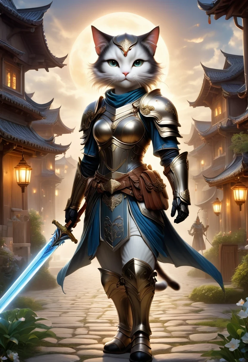 (Anthropomorphic Cat:1.5)，A cat knight in armor，holding a weapon，wearing a helmet，slim，lightsaber，middle Ages
