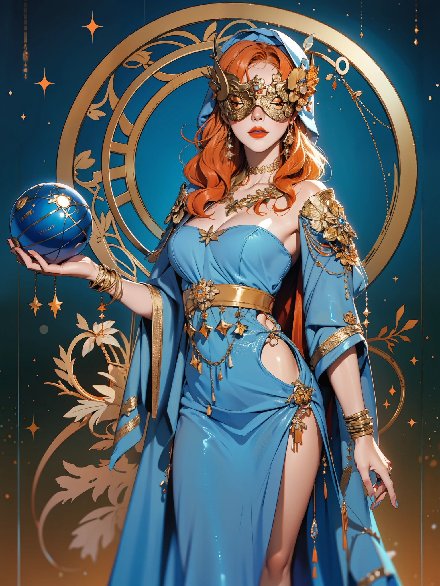 realistic:1.4, hood up:1.2, orange hair, covered eyes, long hair, hair over shoulder, robe, blind mask, danceroutfit, light blue clothes, crystal ball, sphere, cape, blue lipstick, cleavage, 1girl, solo, (masterpiece:1.6, best quality),