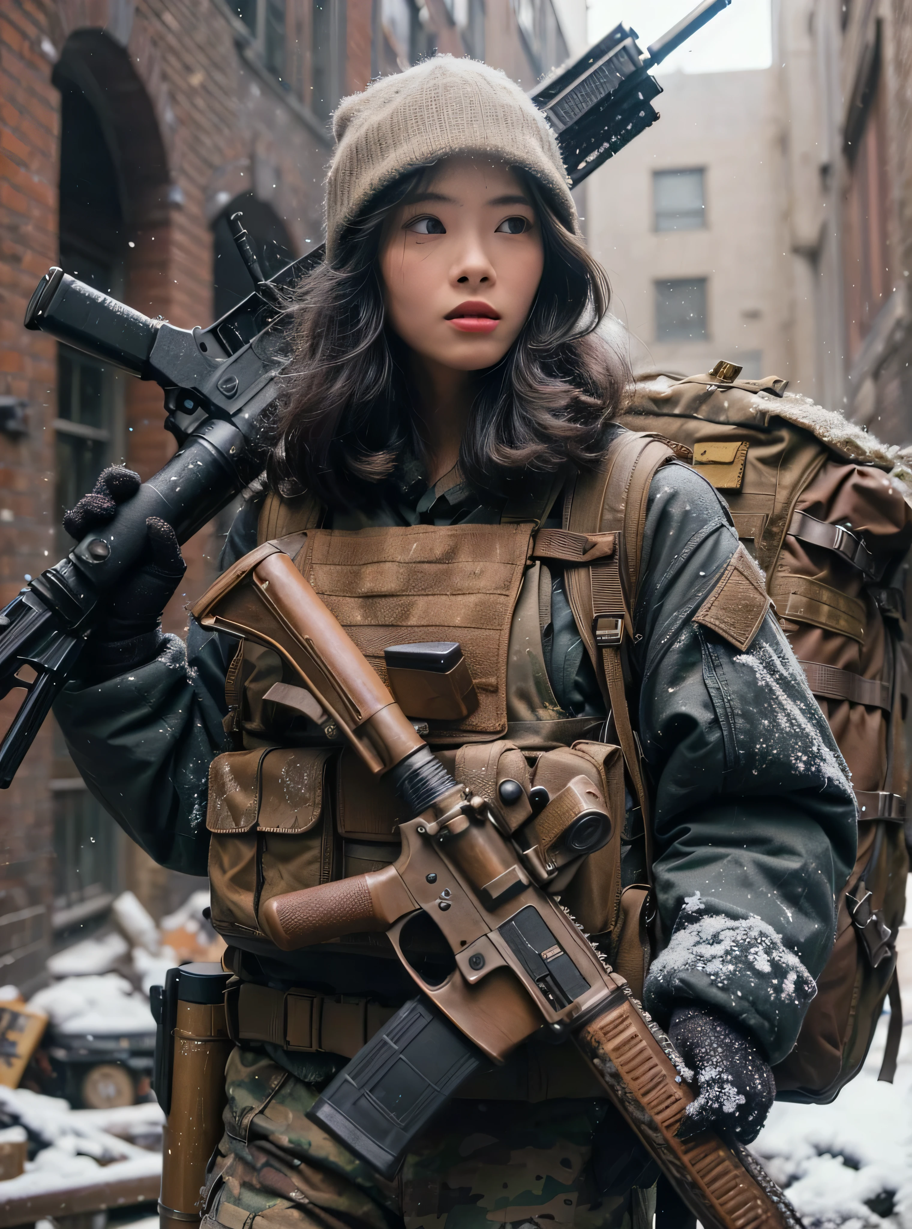 写実的な、リアルな肌の質感、アメリカ軍に所属する美しい日本人女性が冬の瓦礫の街にいる.、路地、古いレンガ造りの建物、私&#39;警戒中、バックパック、タクティカル パファージャケット、野球帽、自動小銃、防弾VES雪、動くアクションポーズ、泥だらけのブーツ