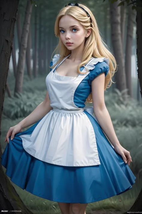 masterpiece, 1 woman, alone, Make her a blonde sexy Alice in Wonderland., Powder blue dress and white apron, white stockings, sp...