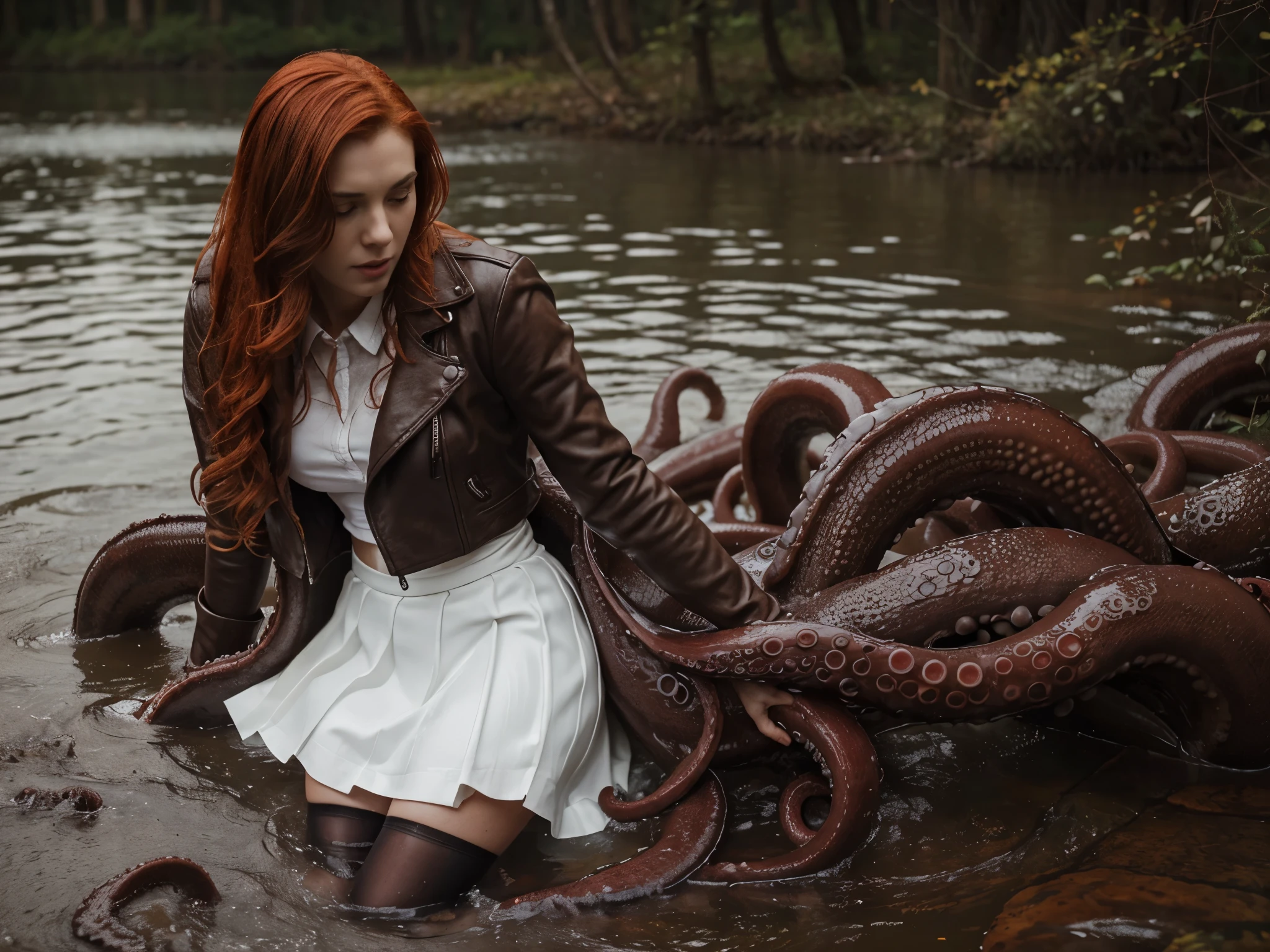 woods. warm lighting, 20 years old woman, (sensually drowning in a lake), ((white skirt)), Stockings with garters, leather jacket. (Tormented by lust:1.3), (emaciated face:1.3),  Copper-red hair, tentacles in the water, some tentacles are touching her, big tentacle sneak around, fantasy creatures, tentacles around, tentacles in the background, tentacle beast, tentacle monster, full body view, wet fluid, wet ground,fullframe