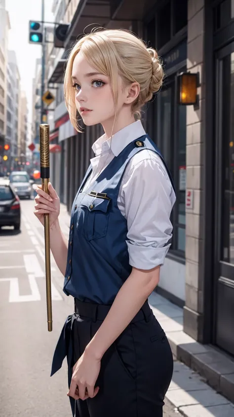 ((masterpiece)), ((highest quality)), ((high resolution)), 1 girl, alone, police officer, (matching pants, slacks), urban backgr...