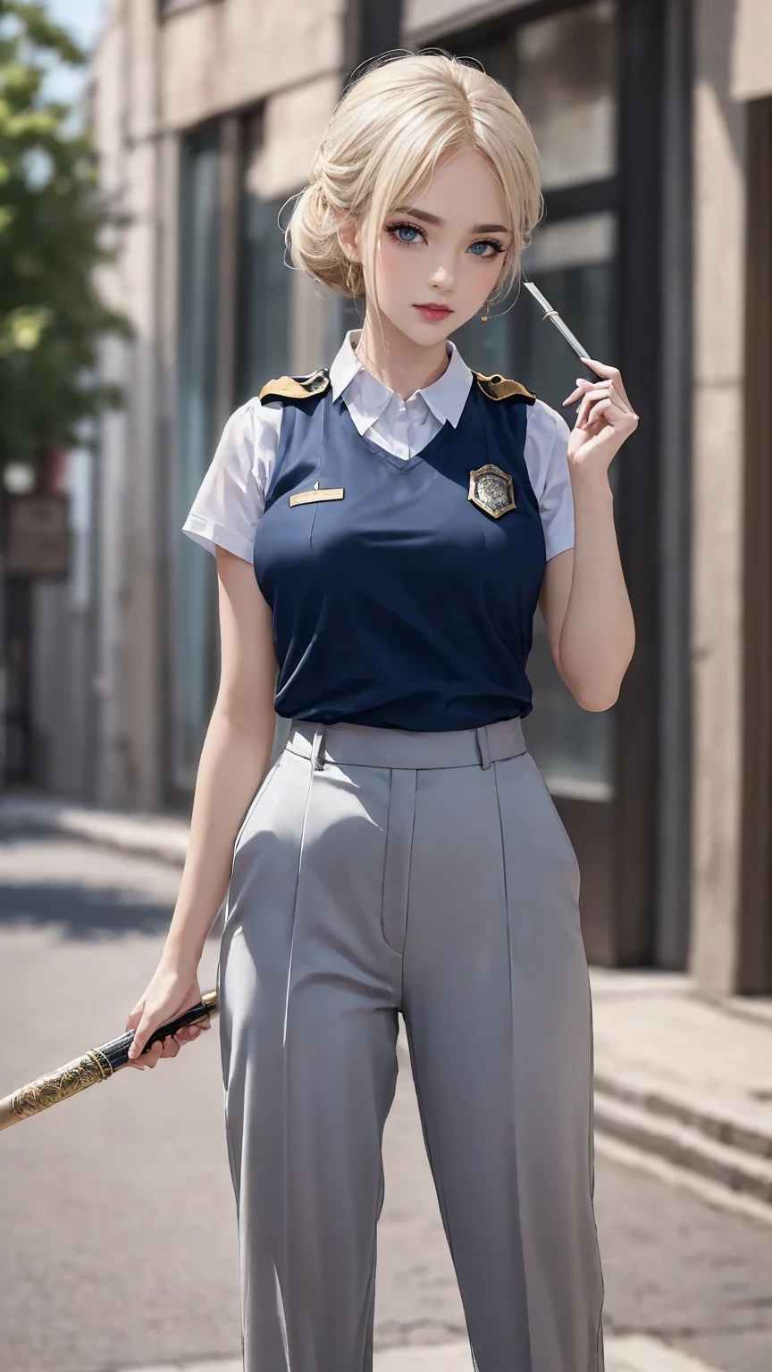 ((masterpiece)), ((highest quality)), ((High resolution)), 1 girl, alone, police officer, (matching pants, slacks), urban background, Have a baton、Wear a tactics vest、Are standing, put your hands on your hipedium hair, (platinum blonde, Side-swept chignon), (blue eyes),