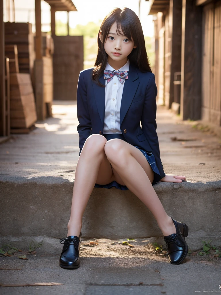 (masterpiece, highest quality:1.4), award-winning portraits, 8K, 85mm, alone, beautiful face, delicate girl, , (dark navy blazer jacket), dark navy skirt, long sleeve, violaces, gardenia, grace, Sophisticated, cute, teen, looking at the viewer, 15 years old, Raw photo, disorganized, HDR, sharp focus, A bow tie, background bokeh、(((flat 、thin and delicate body、A childish atmosphere、sitting、basement)))、Her shiny semi-long hair is tied up、hair swaying in the wind、Mole on the left cheek、large, round, dark blue eyes、full body、random pose、Run、sprinting、Skirt fluttering in the wind、Junior idol、Nogizaka Idol、widening skirt、jump、mole under eye、sexy、No panties
