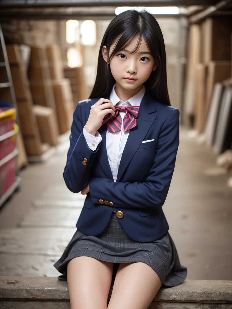 (masterpiece, highest quality:1.4), award-winning portraits, 8K, 85mm, alone, beautiful face, delicate girl, , (dark navy blazer jacket), dark navy skirt, long sleeve, violaces, gardenia, grace, Sophisticated, cute, teen, looking at the viewer, 15 years old, Raw photo, disorganized, HDR, sharp focus, A bow tie, background bokeh、(((flat 、thin and delicate body、A childish atmosphere、sitting、basement)))、Her shiny semi-long hair is tied up、hair swaying in the wind、Mole on the left cheek、large, round, dark blue eyes、full body、random pose、Run、sprinting、Skirt fluttering in the wind、Junior idol、Nogizaka Idol、widening skirt、jump、mole under eye、sexy、No panties、legs open