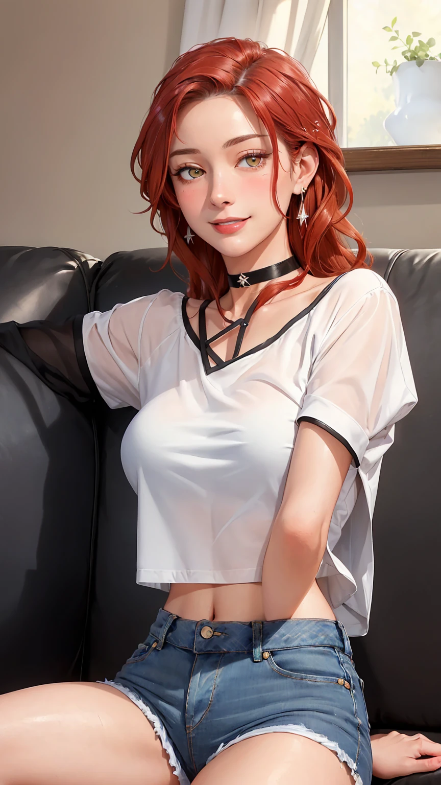 ((((masterpiece, best quality, high resolution)))), Extremely detailed 8K, Beautiful girl with voluptuous body, (Ultra HD, Ultra-detailed, Highly detailed, Highly realistic, Ultra-realistic, photograph realistic), (1girl:1.5), (Realistic red hair), (long wavy hair, hair ornaments, earrings), (dynamic poses), facing at camera, looking at viewer, (blushing red, embarrassed, smile), (hazel eyes, sharp eyes), (big perky breasts:1.2), (beautiful detailed face, beautiful detailed eyes), ((white cropped top, jeans shorts, black choker)), (sitting on couch:1.3), sweat, glow, (sunbeam, sunlight), ((cowboy shot)), bedroom