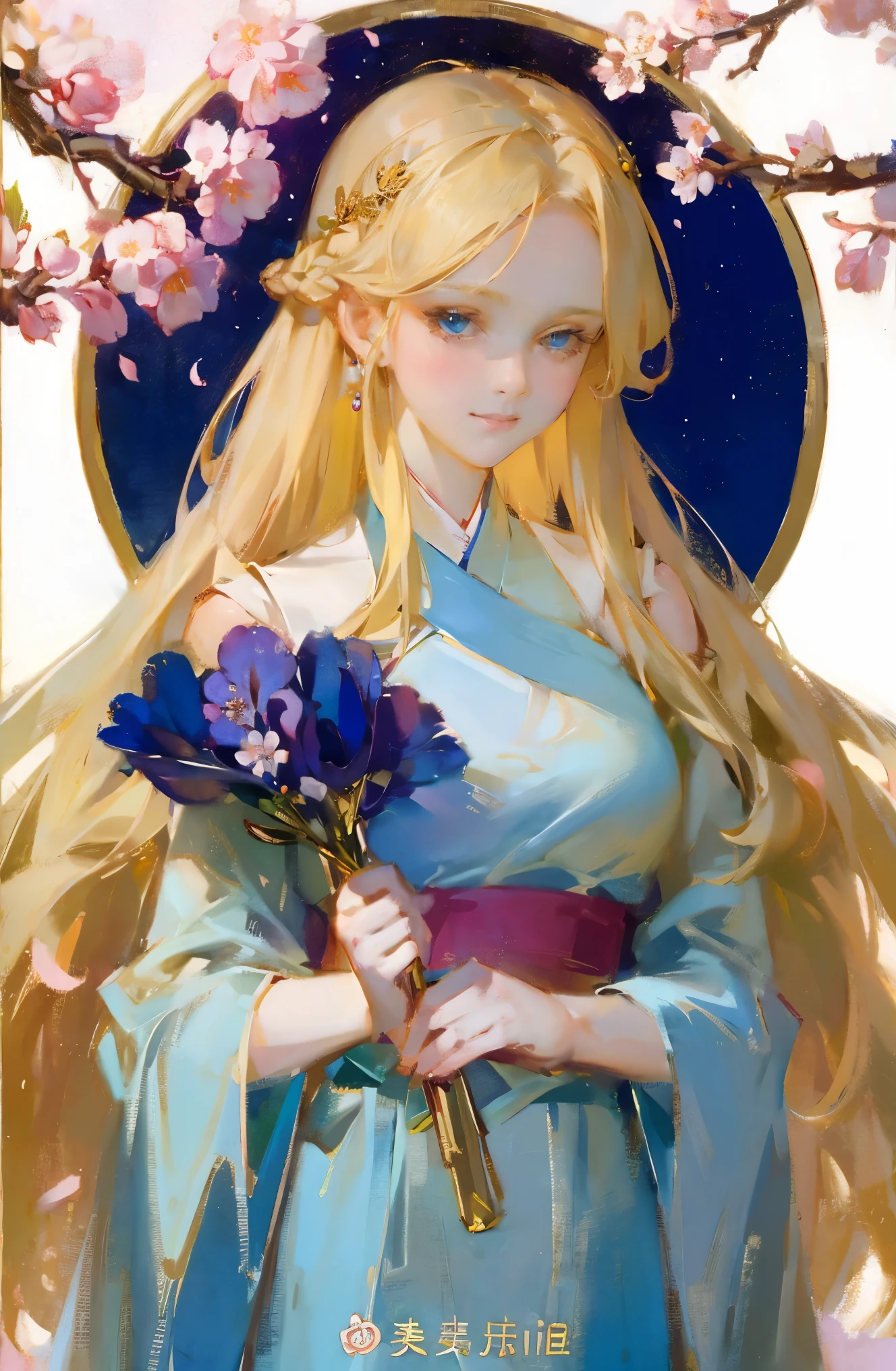 fantasy, portrait, Asia, European appearance, beautiful girl, delicate face, long pale blonde hair, blue eyes, in a beautiful hanfu, emphasizing the figure in light colors, expressive breasts, cherry blossoms in the background, hd