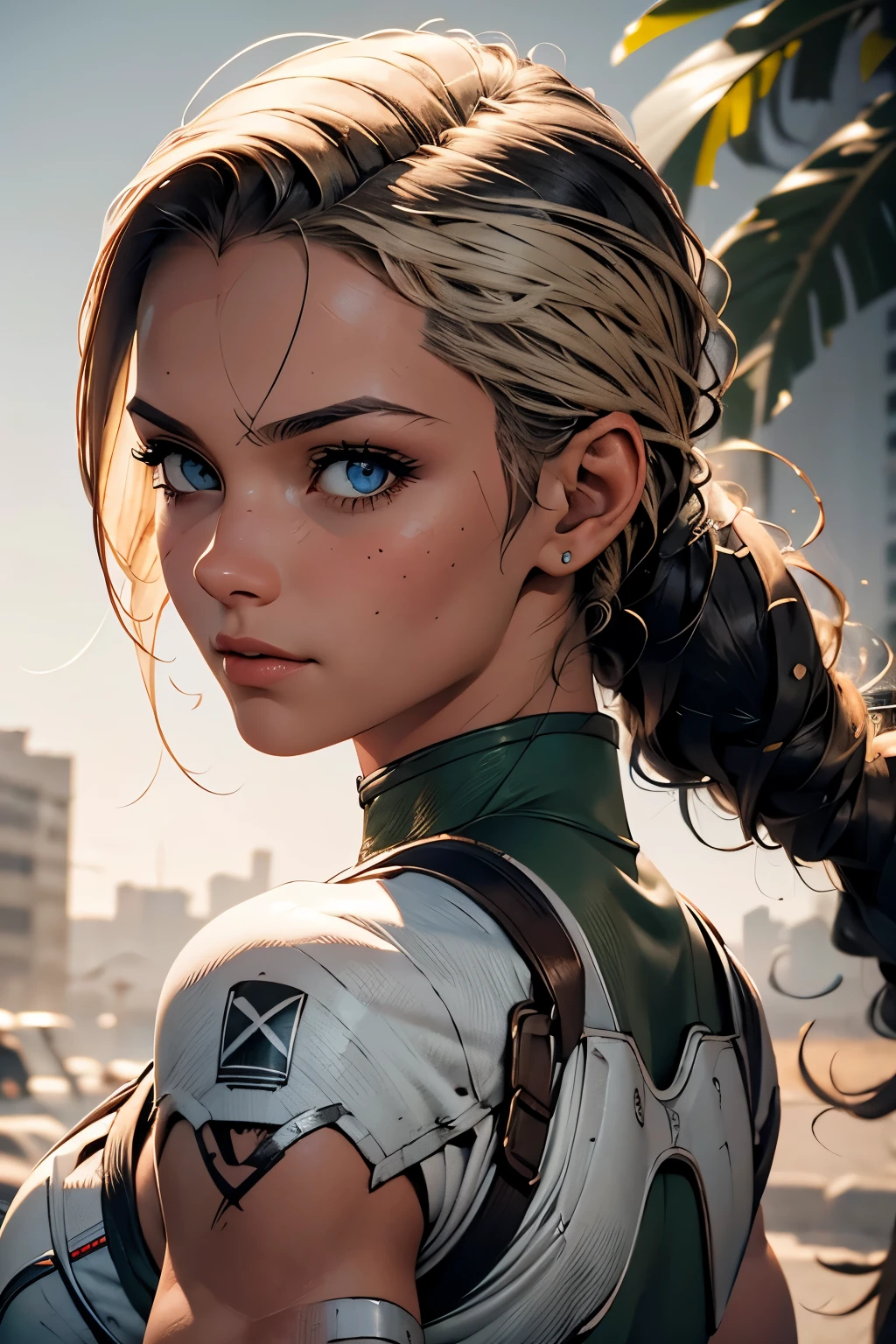 Cammy, rosto extremamente detalhado, of the rear camera, olhos azuis, cabelo loiro, cabelo antena, cicatriz nas bochechas, retrato de corpo inteiro, roupas apertadas