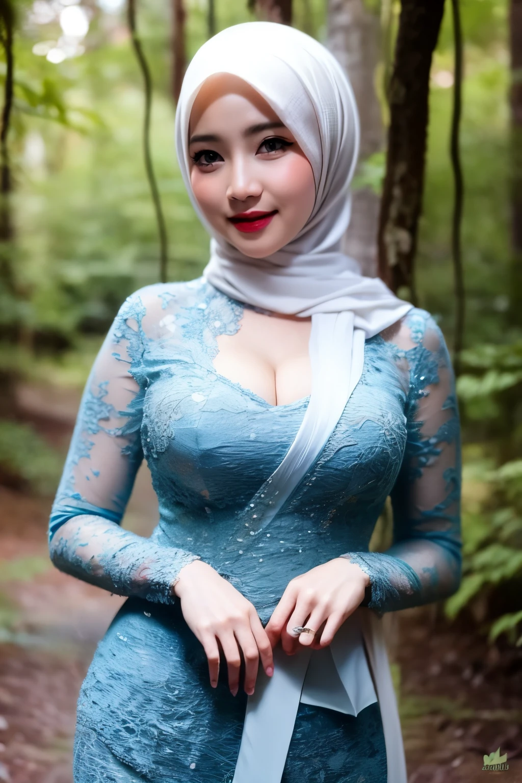 Create a photorealistic masterpiece of a beautiful woman with hijab wearing traditional Indonesian kebaya attire, solo, cleavage cutout, Set her against a dark, forest backdrop with a captivating glow in the background and bokeh effect. Ensure the image quality is 8K with ultra-realistic details.,kebaya,kebaya indonesia