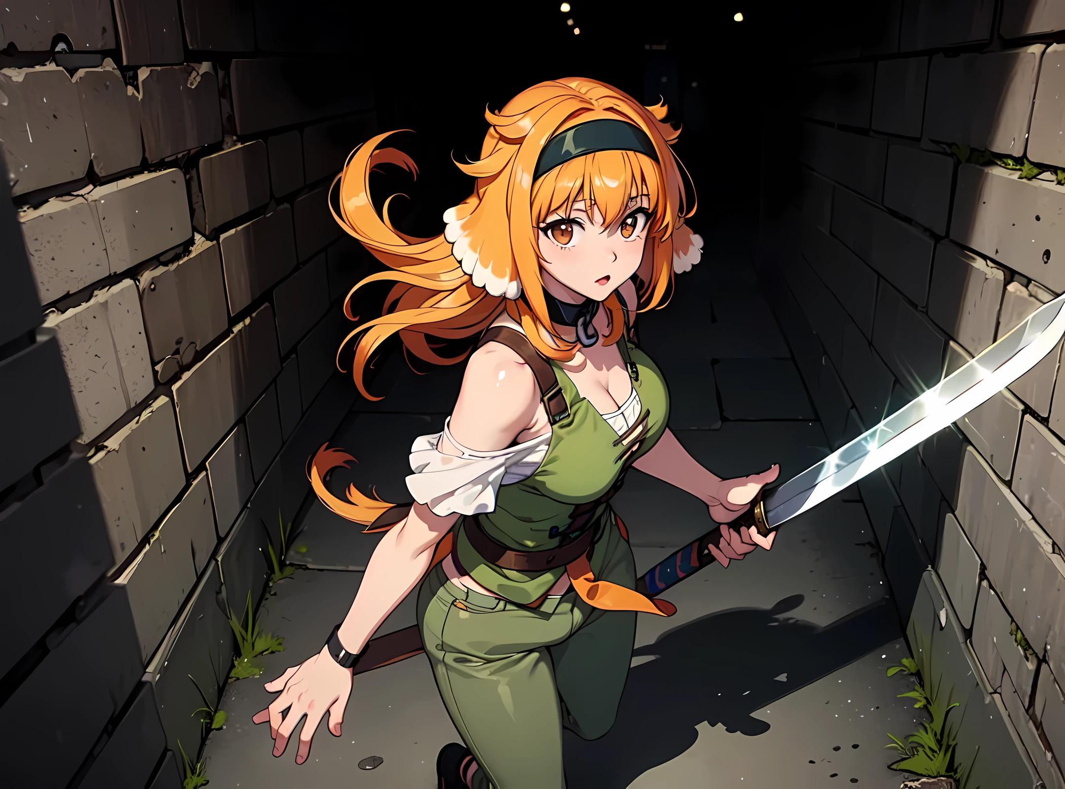 masterpiece, best quality, roxanne, dog ears, black hairband, [[[green hairband]]], collar, off-shoulder shirt, cleavage, green vest, green pants, large breasts, holding sword, ((sword)), running, looking back, (((dog tail above butt))), [[[focused]]], [[glaring]], holding weapon, hand on hilt, (((dirt))), (((((dungeon))))), ((maze)), (((medieval))), ((dark)), ((night)), glowing, orbs