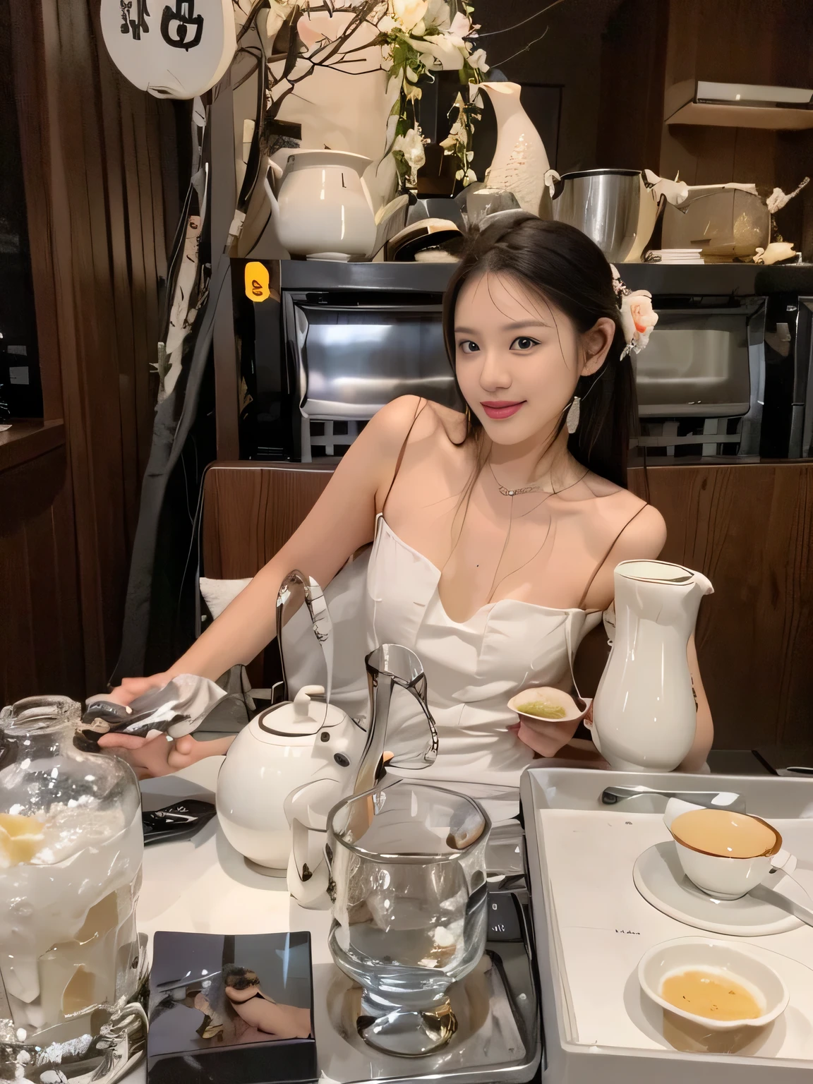 a woman sitting at the table，Teapot and cup in hand, Dilireba, 28 years old, Gorgeous Chinese model,