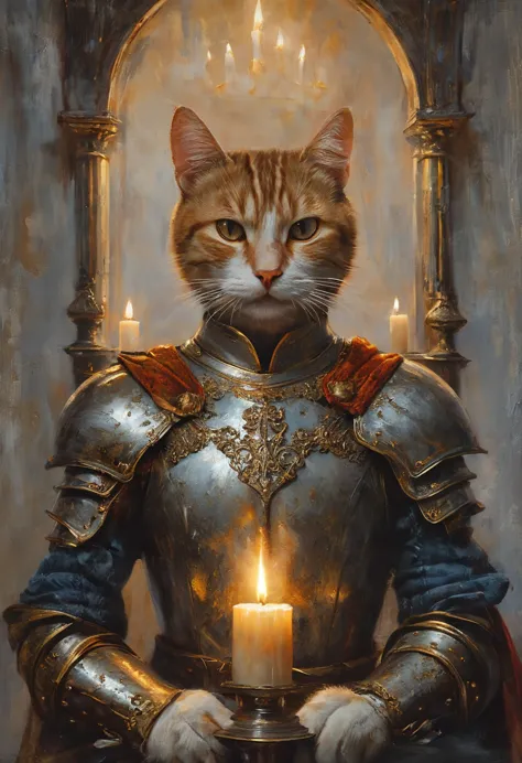 cat Knight wearing outrageous fashion outfit, Cozy medieval study with candlelight in the background, elegant, digital painting,...