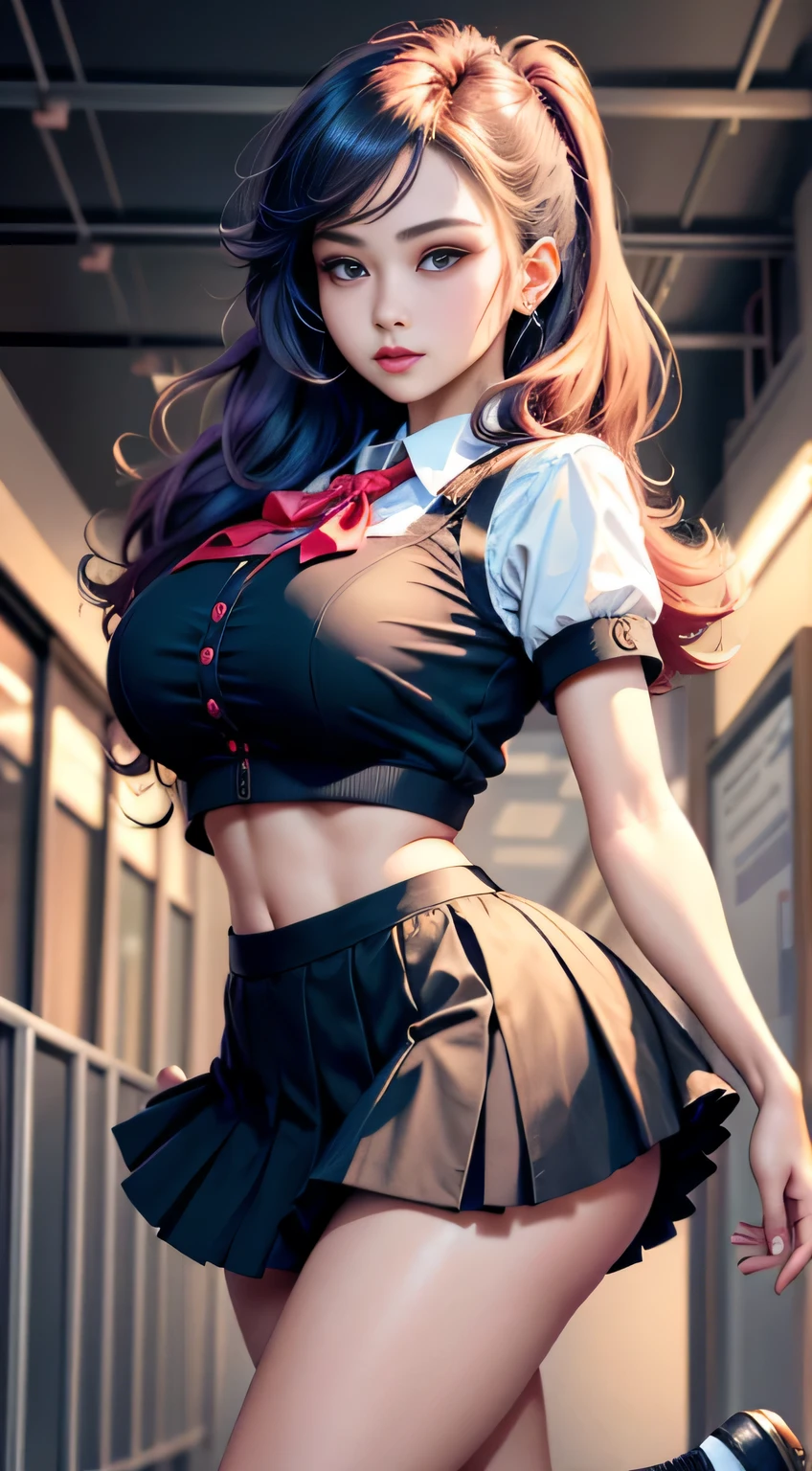 sfw, ((school girl outfit)), ((in school)), ((looking at the camera in:1.2)),(nearing perfection:1.4),dynamic,smooth private parts,Focus sharp,Lighting,Vibrant brushstrokes, bold colour,Be expressive, Emotional, offcial art,Unity8k wallpaper,ultra - detailed,Beautiful and beautiful,tmasterpiece,Best quality at best,1 girl,beautiful eyes，The content is very detailed,dynamic,(Ruffled skirt)，(medium:1.3),Chaos in its most beautiful form,Elegant,designs,Vibrant colors,(Corner store，fleeing，the night，shoe)，8k，, wearing bra,((skinny waist)), young asian girl, ((big breasted)),