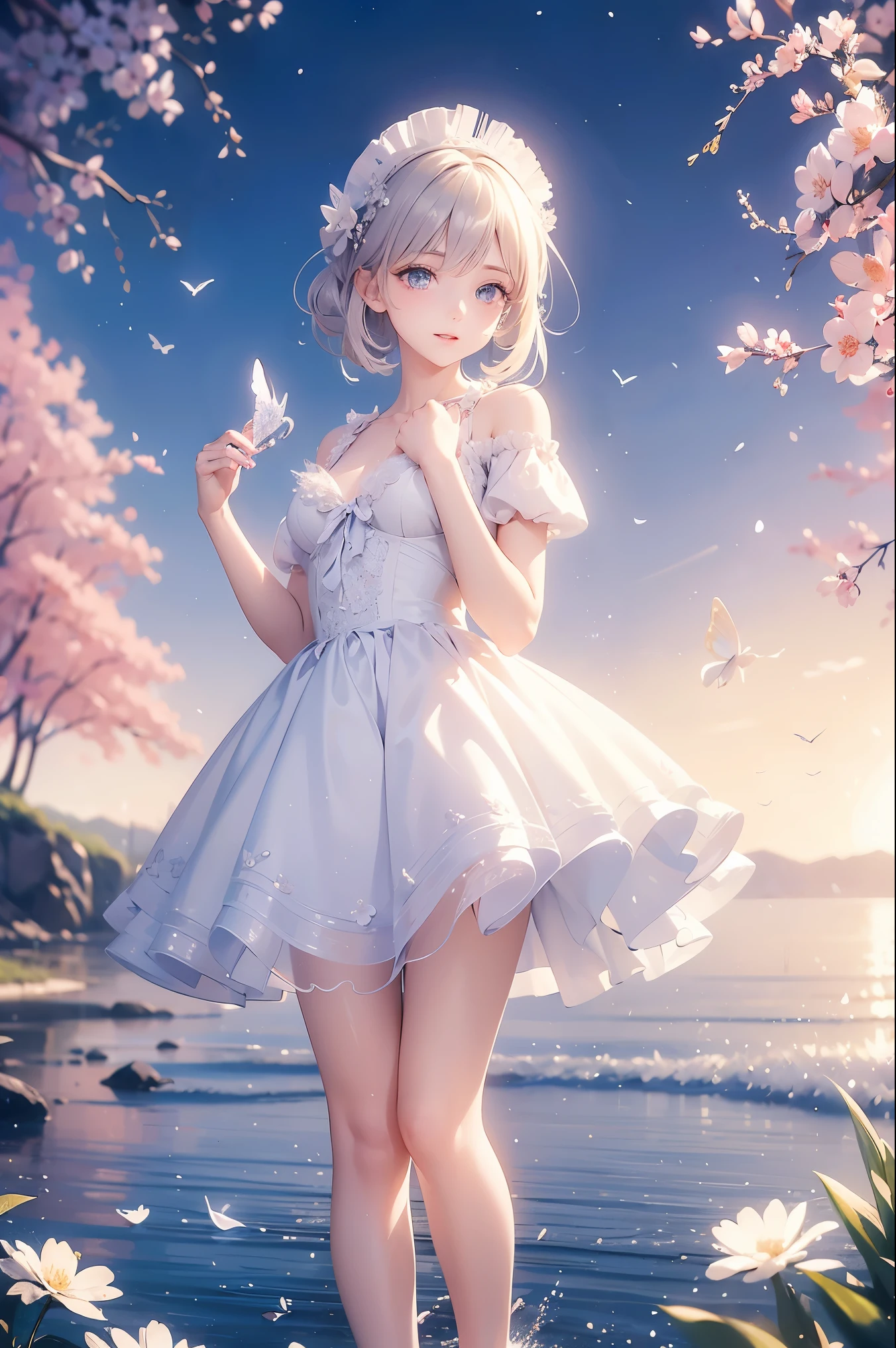 (masterpiece, best quality:1.2), illustration, absurdres, highres, extremely detailed, 1 girl, white short hair, eye highlights, dress, short puffy sleeves, frills, outdoors, flower, fluttering petals, full body, depth of field,chromatic aberration abuse,pastel color, Depth of field,garden of the sun,shiny,flowers, garden, 1girl, butterfly style, butterflies, ultra detailed, glary,Light, light particles,glitter,reflect,Put one hand on your chest,C4D,3D,bright,outdoors,gifts,candys,More details,flower ocean,winter,snowflakes,splashing water,falling petals,beautiful and delicate water,((beautiful eyes)),very delicate light,perfect and delicate limbs,nature,painting,water spray,fine luminescence,very fine 8K CG wallpaper,Lavender eyes,pink pupils,whole body,bright eyes,(an extremely delicate and beautiful girl:1.4),big eyes,eye highlights,watery eyes,looking_at_viewer,outdoors,look at the screen,Touching,