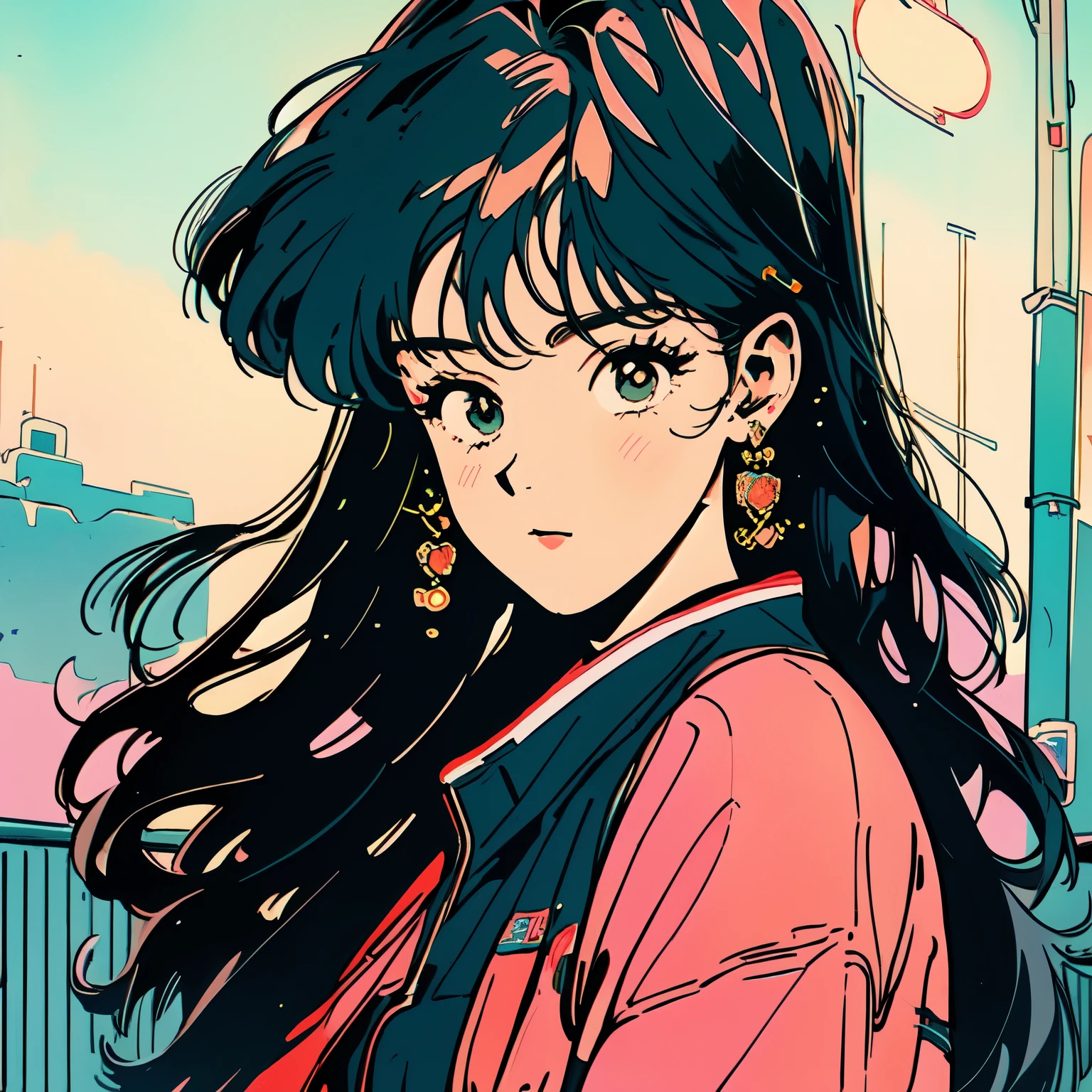 best quality, 4k wallpaper, masterpiece, Extremely detailed CG unified 8k wallpaper, extremely detailed eyes, Super detailed, intricate details, Close center 1 happy girl, Retro art style, neon_pop art style, vaporwave，people, outdoor, road sign, City, people，Melancholic maiden，Bangs hairstyle，female high school student，Japanese Showa Era Idols，citypop，girl wearing sunglasses，Cool girl