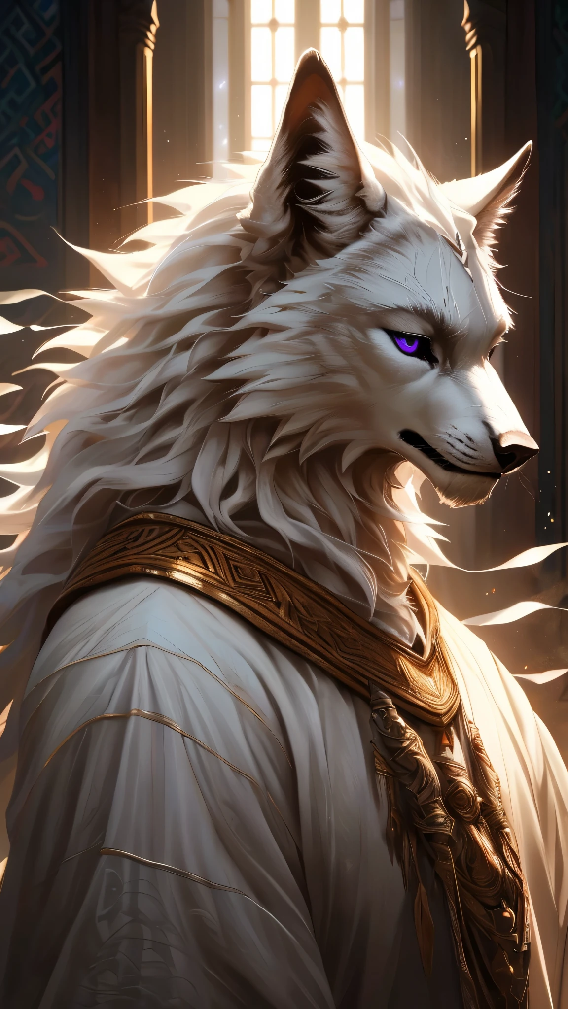 (best quality, ultra-detailed, realistic:1.37), pure-white werewolf, porcelain white fur, noble attire, purple eyes, indoor setting, daytime, soft lighting, elegant and regal presence, intricate facial features, flowing white hair, refined and dignified demeanor, mystical aura, ethereal backdrop.