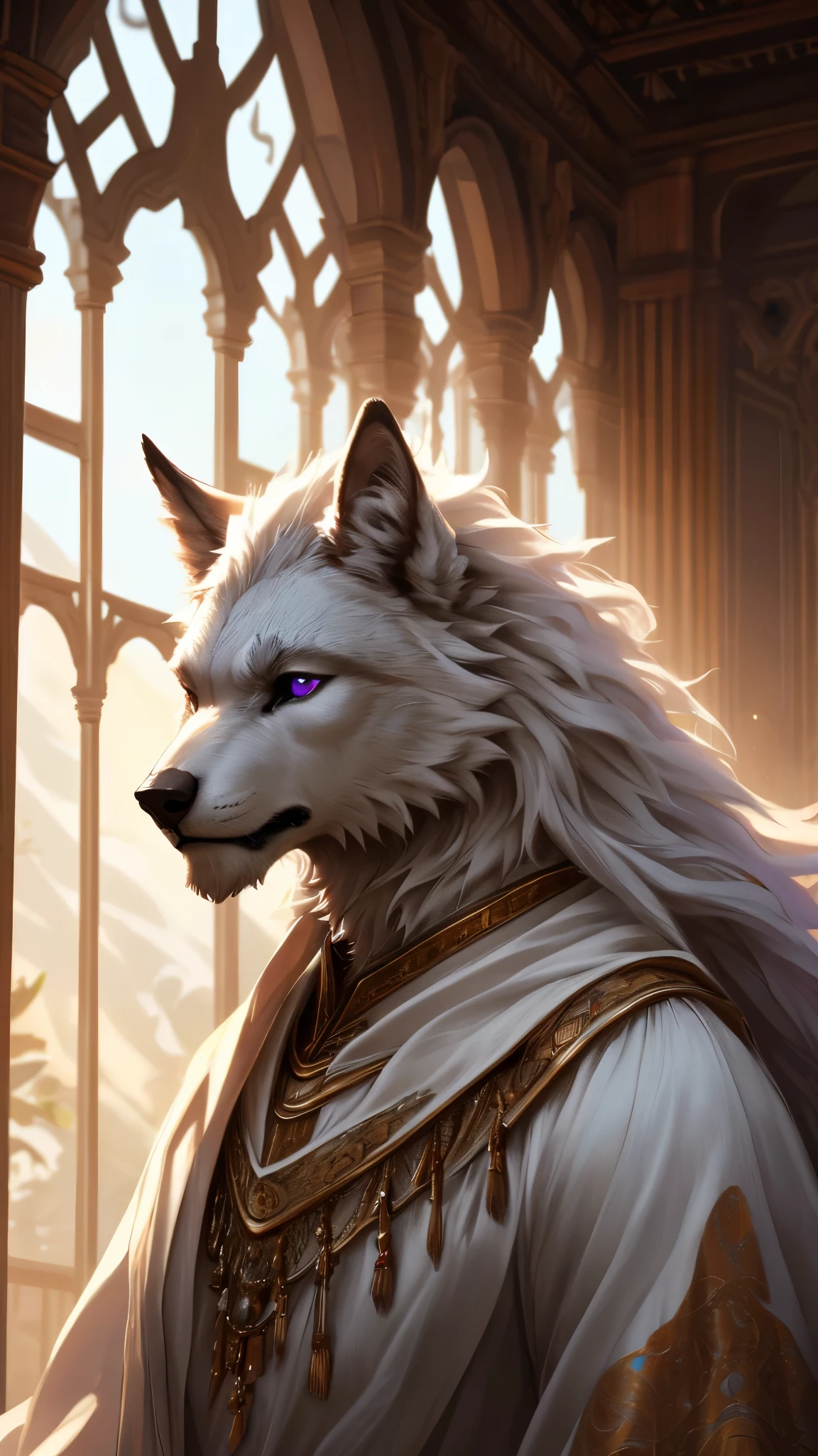 (best quality, ultra-detailed, realistic:1.37), pure-white werewolf, porcelain white fur, noble attire, purple eyes, indoor setting, daytime, soft lighting, elegant and regal presence, intricate facial features, flowing white hair, refined and dignified demeanor, mystical aura, ethereal backdrop.