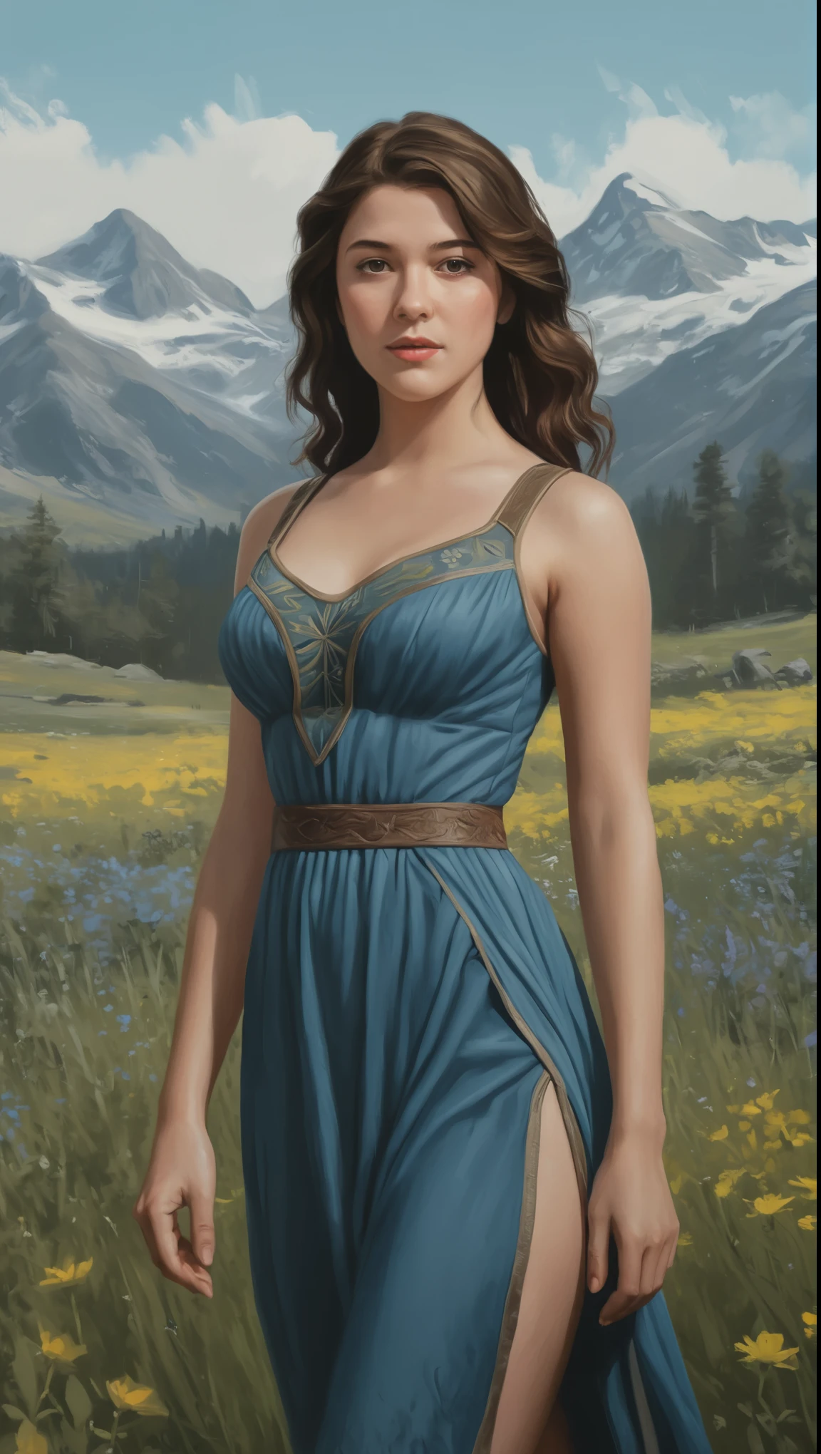 An illustrated movie poster, hand-drawn, full color, a Westerosi teen girl, wearing a long regal dress, resembles Mary Elizabeth Winstead, sun-tanned complexion, tall, athletic, Amazonian figure, curvy, toned midriff, bottom-heavy, generous hips, massive bubble-butt, ridiculously thick powerful thighs, dark hair, long hair, waist-length hair, posing in a meadow of wildflowers, hard shadows, graphite shading, stencil marks, airbrushed acrylic paint, masterpiece, in the style of Skyrim